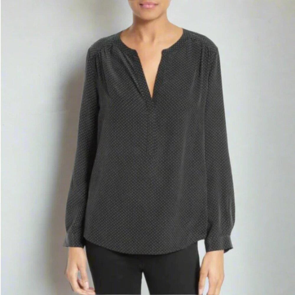 Joie Polka Dot Silk Blouse Womens XXS Black VNeck Long-Sleeve Carita Top Relaxed